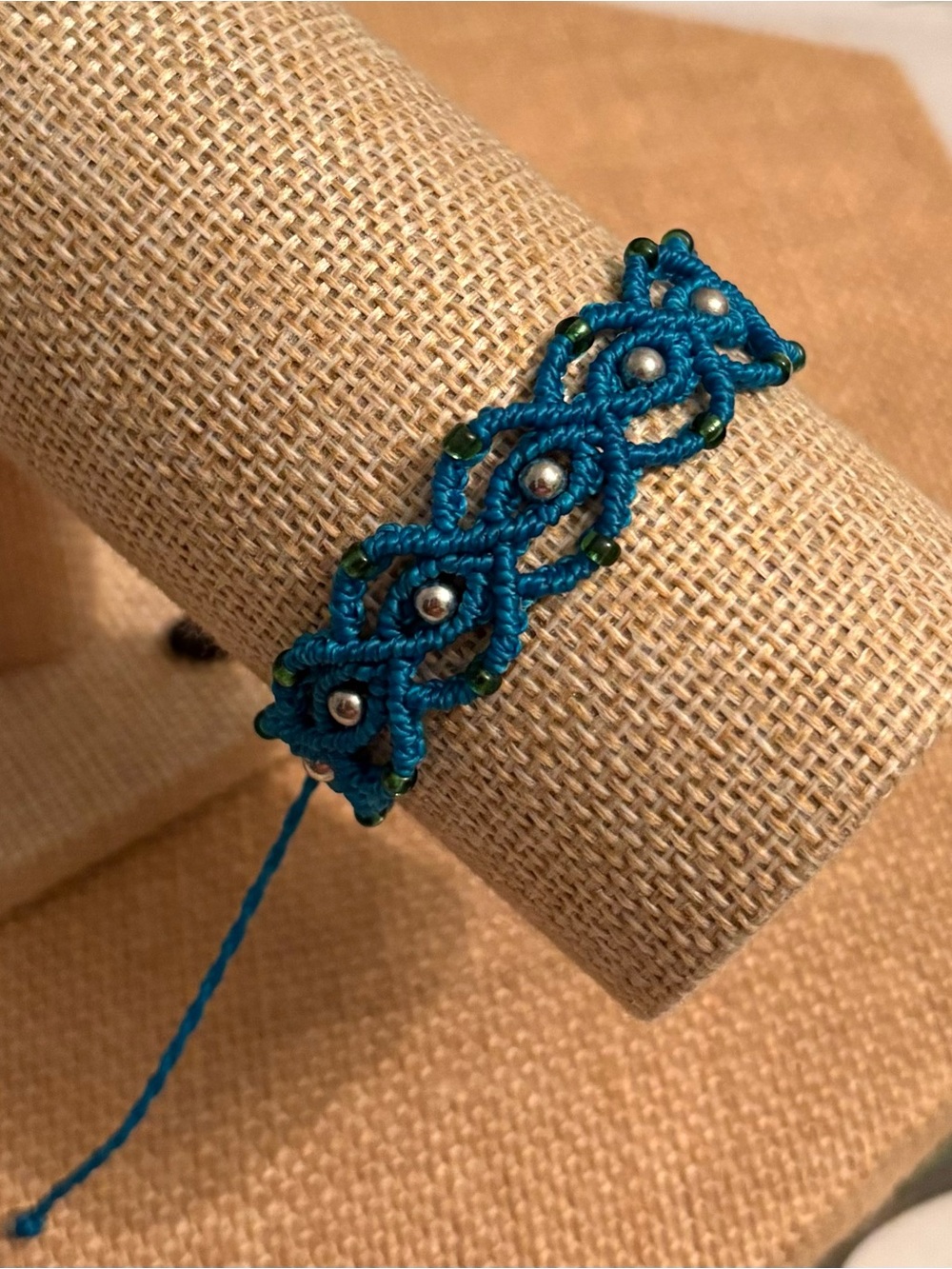 Handcrafted Teal Macramé Bracelet with Silver Beads